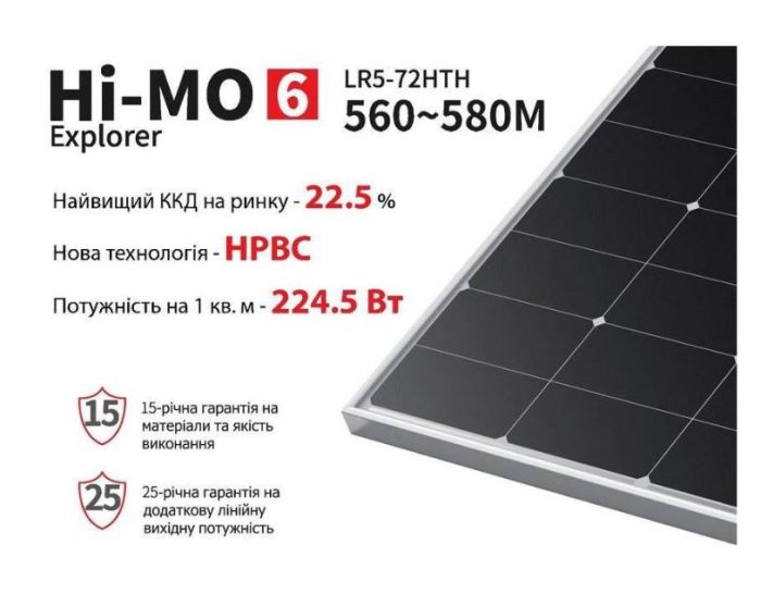 Монокристалічна сонячна панель Longi Solar LR5-72HTH-580M